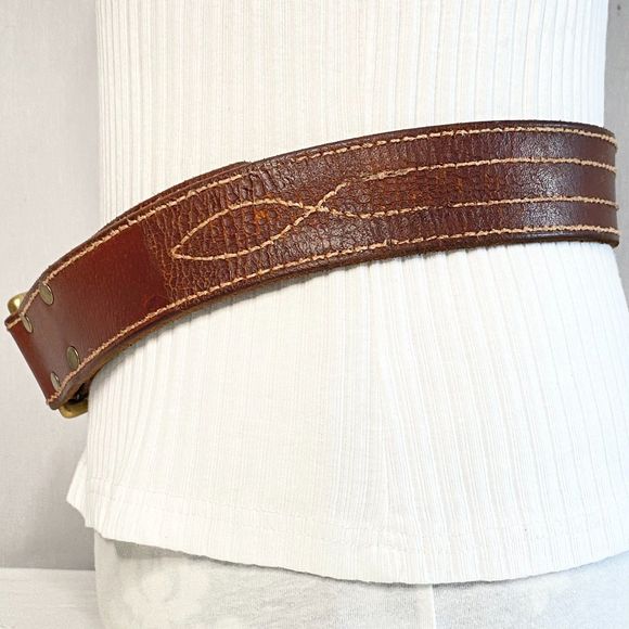 Lucky Brand Belt Mens 32 Medium Rugged Chestnut Brown Leather Contrast Stitch - Picture 5 of 15